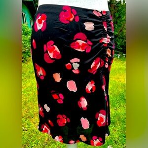 Black Red Floral CAbi Skirt Midi Ruched Slip On Casual Party